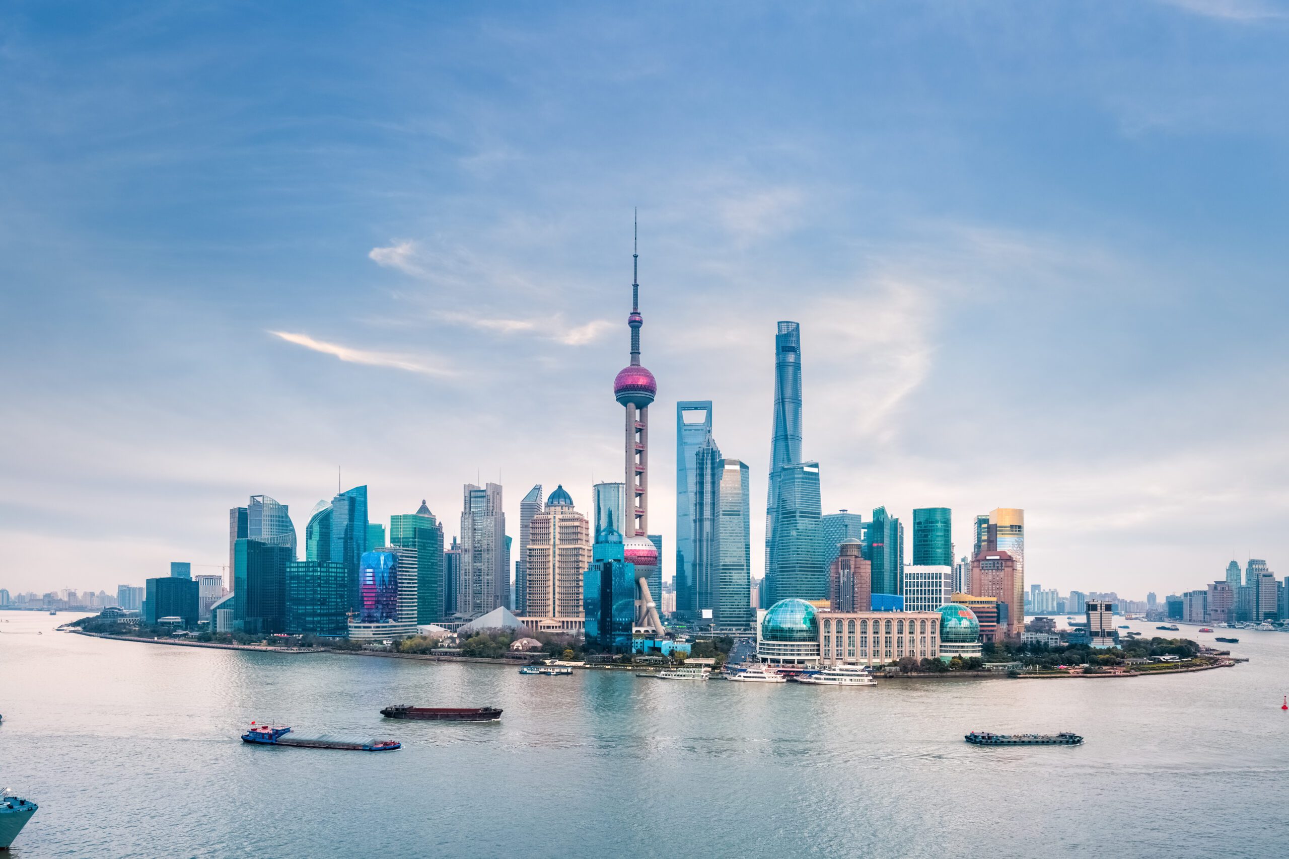 Huangpu River and Shanghai Skyline at Dusk, China